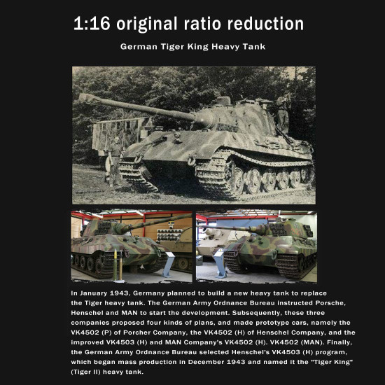 1:16 german henschel tiger king battle 2.4g rc military tank with sound smoke shooting effect for sale