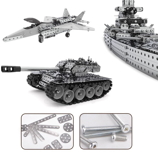 2493pcs+ diy metal assembly educational toy for land, sea and air (battleship + tank + fighter)