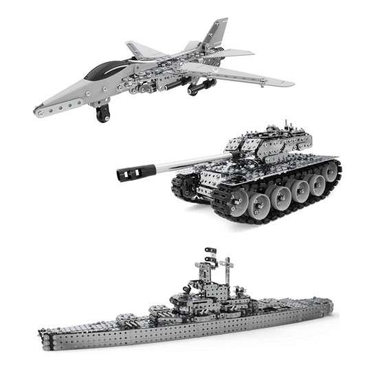 2493pcs+ diy metal assembly educational toy for land, sea and air (battleship + tank + fighter)