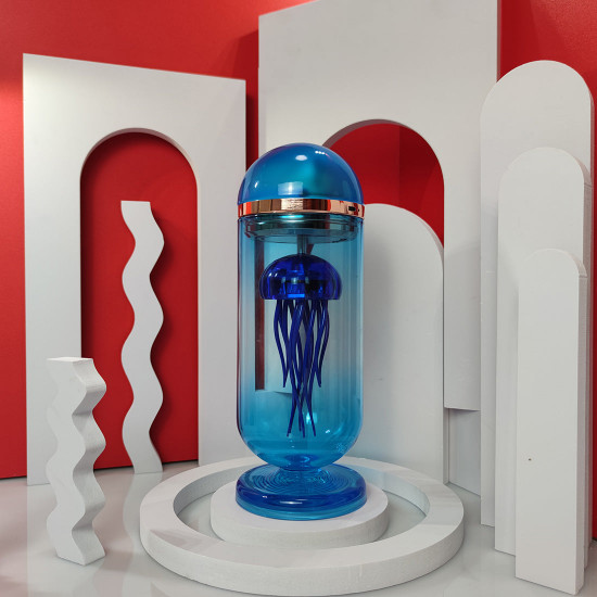 blue mechanical capsule jellyfish model artistic with glass cover