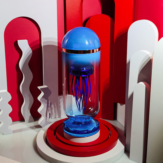 blue mechanical capsule jellyfish model artistic with glass cover