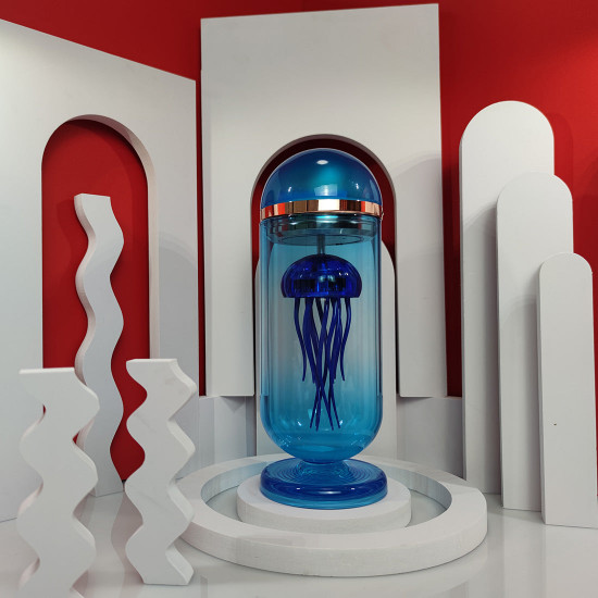 blue mechanical capsule jellyfish model artistic with glass cover