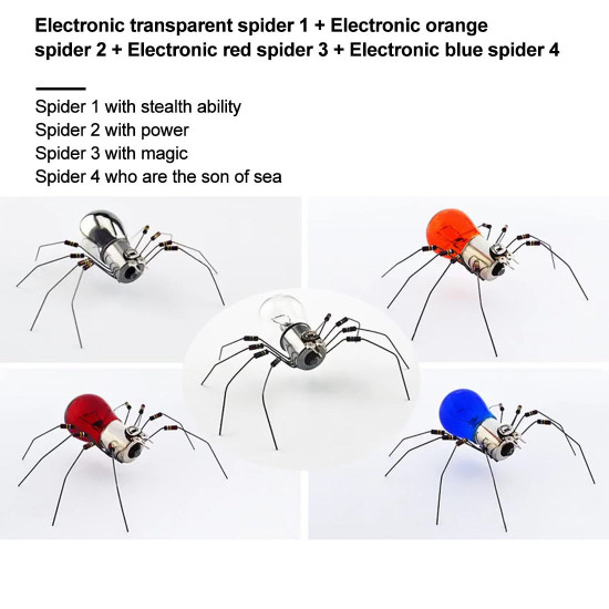 diy handmade electronic 4 spiders kits toys glow light decor - transparent + orange + red + blue