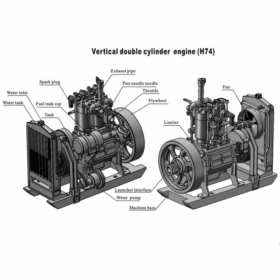 h74 5cc 4-stroke 2-cylinder water cooled gasoline internal combustion engine model