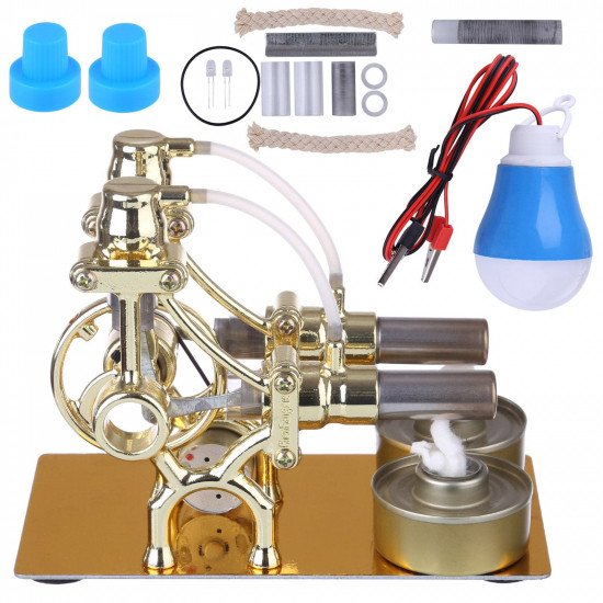 l-type golden twp cylinders stirling engine generator model with led diode and bulb science experiment toy