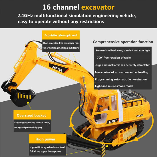 lcf 1/16 2.4ghz 16ch multifunctional excavator grab rc construction vehicle model with smoke effect