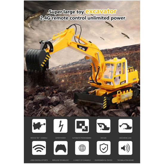 lcf 1/16 2.4ghz 16ch multifunctional excavator grab rc construction vehicle model with smoke effect