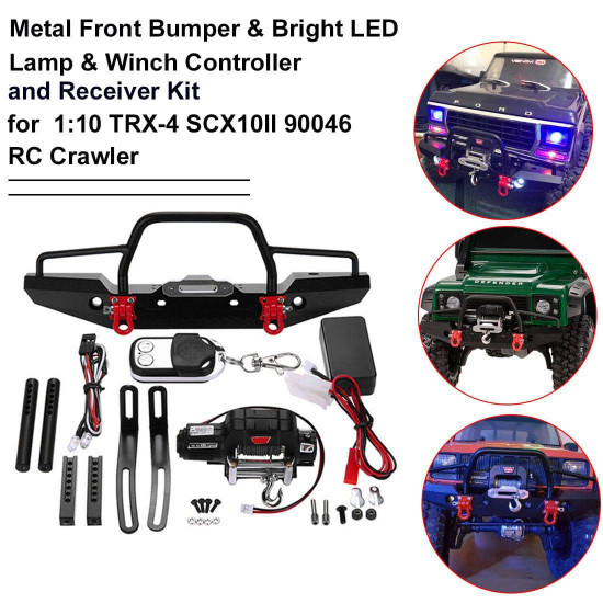 metal front bumper with 2 led lights remote control electric winch for 1/10 traxxas trx-4 scx10ii 90046