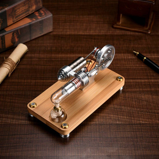 γ-shape led lights stirling engine model with wooden base science experiment teaching gift