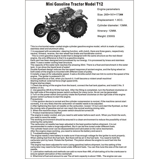 t12 gas-powered scale utility tractor model with single cylinder engine