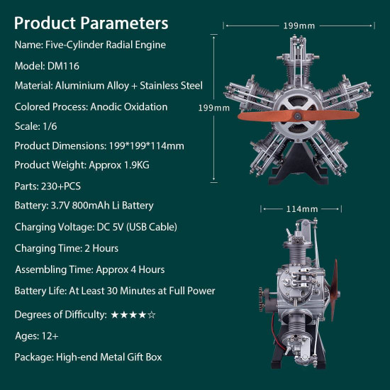 teching diy 5 cylinder electric mechanical aircraft radial engine model kits that runs 250+pcs for sake